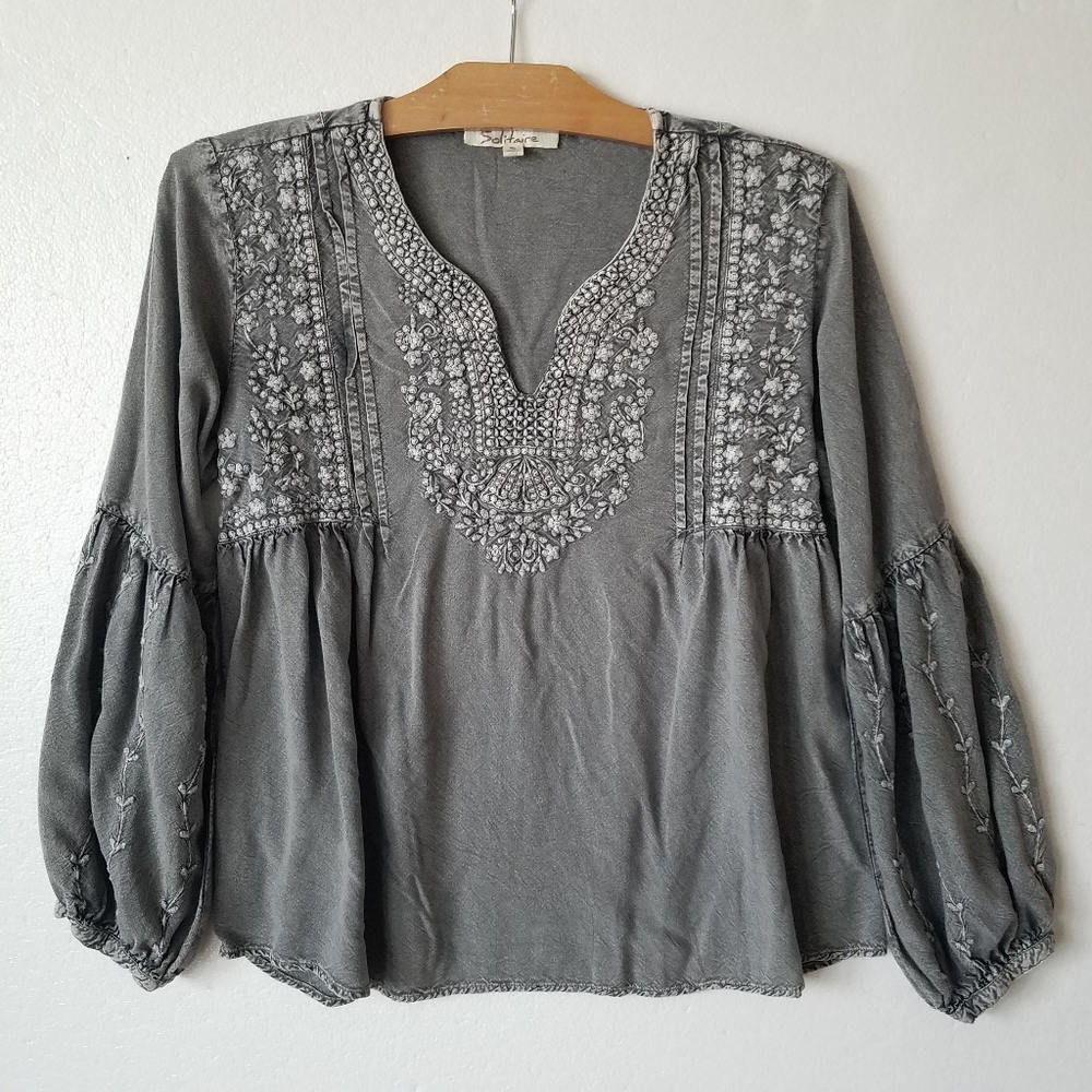 Solitaire Womens S Peasant Top Floral Embroidered Balloon Sleeve Boho Fairy Gray